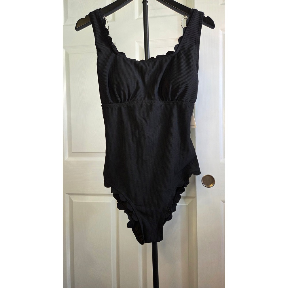 Charmo Black Ribbed Scalloped One Piece Swimsuit Women Medium NWT